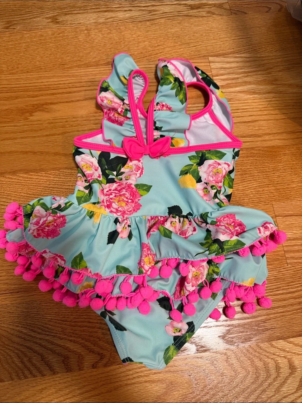Kids Floral One-Piece Swimsuit with Pink Pom Trim